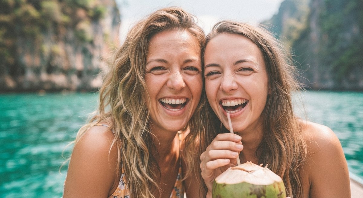 Two friends laughing with a coconut on a lagoon boat trip