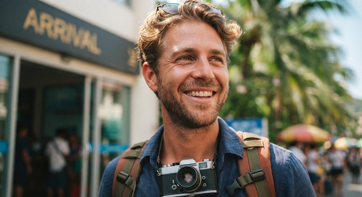 A traveller with his camera arriving abroad