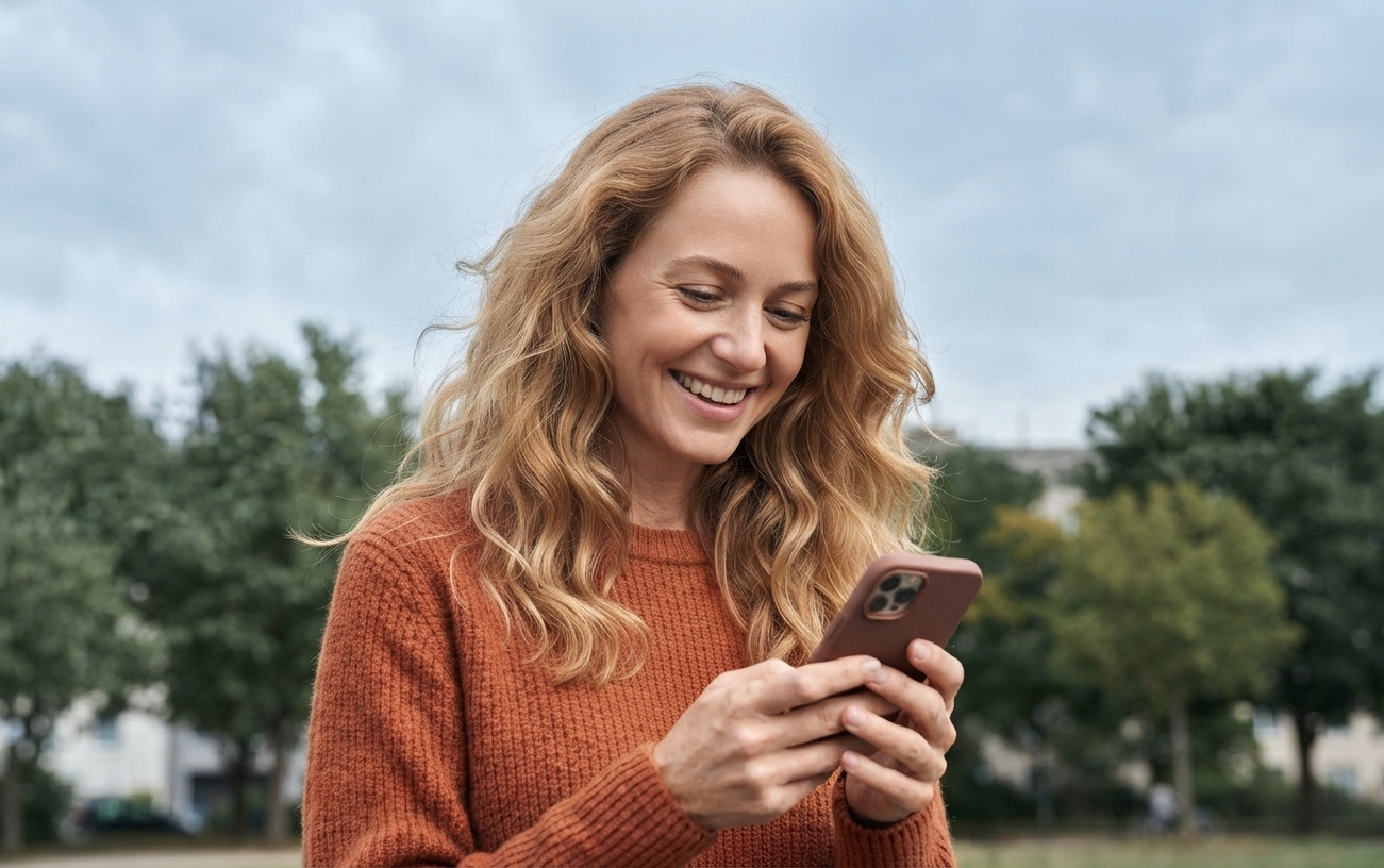 A woman smiling at her phone after uploading her policy