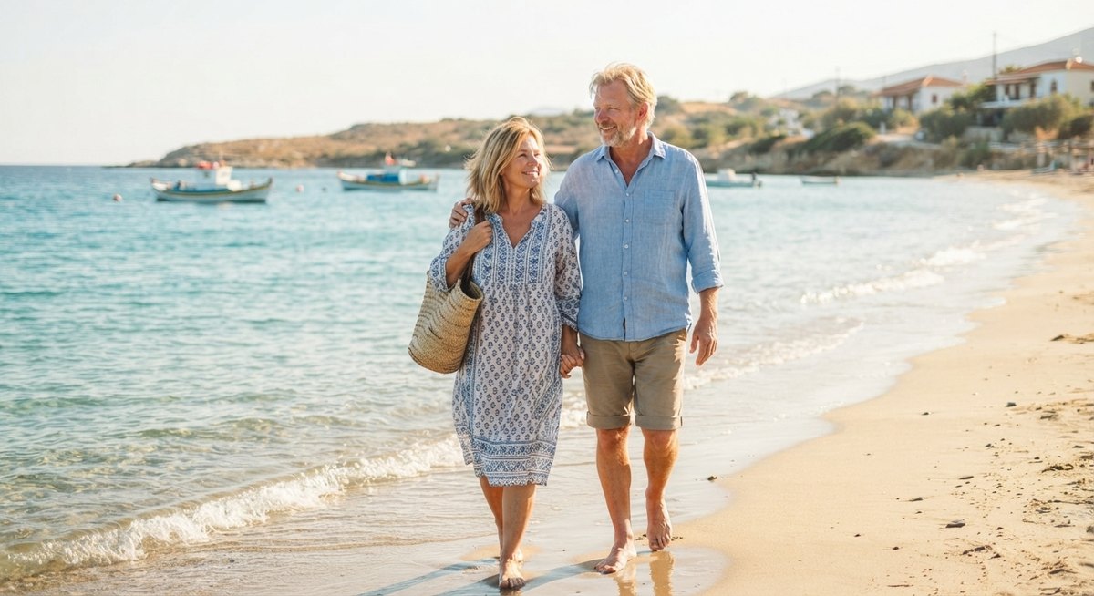 A couple strolling along the beach near their home abroad