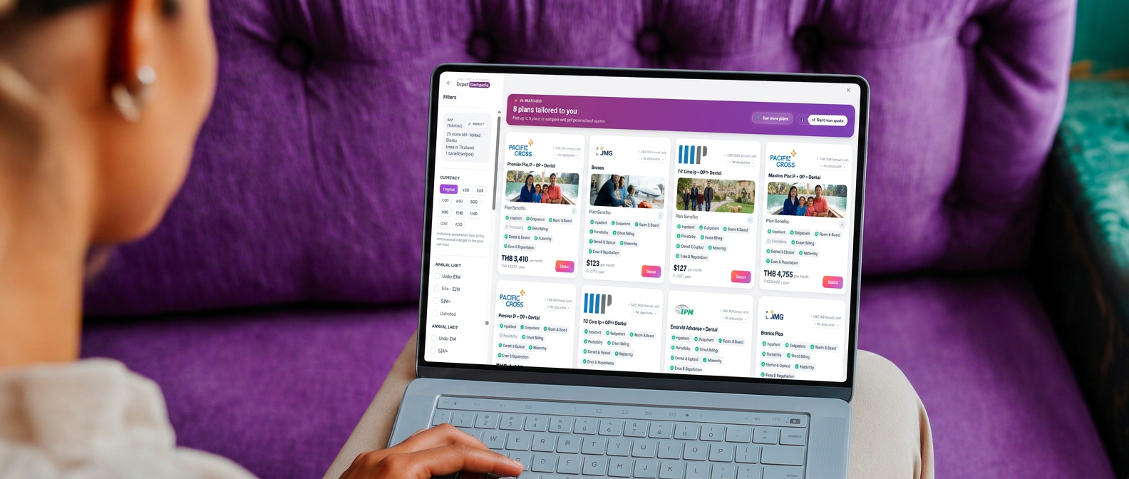 Plan results screen showing AI-matched international health insurance plans on a laptop